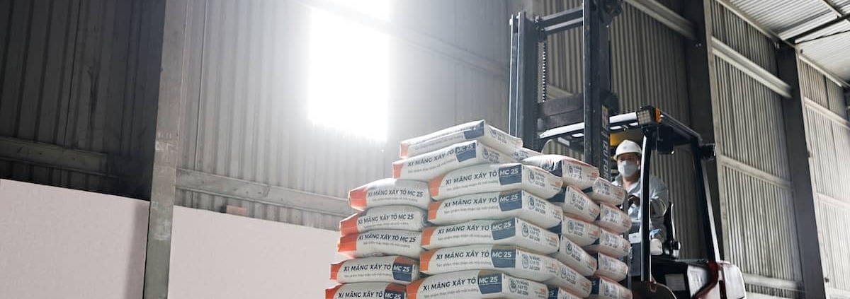 forklift driver with bags on lift